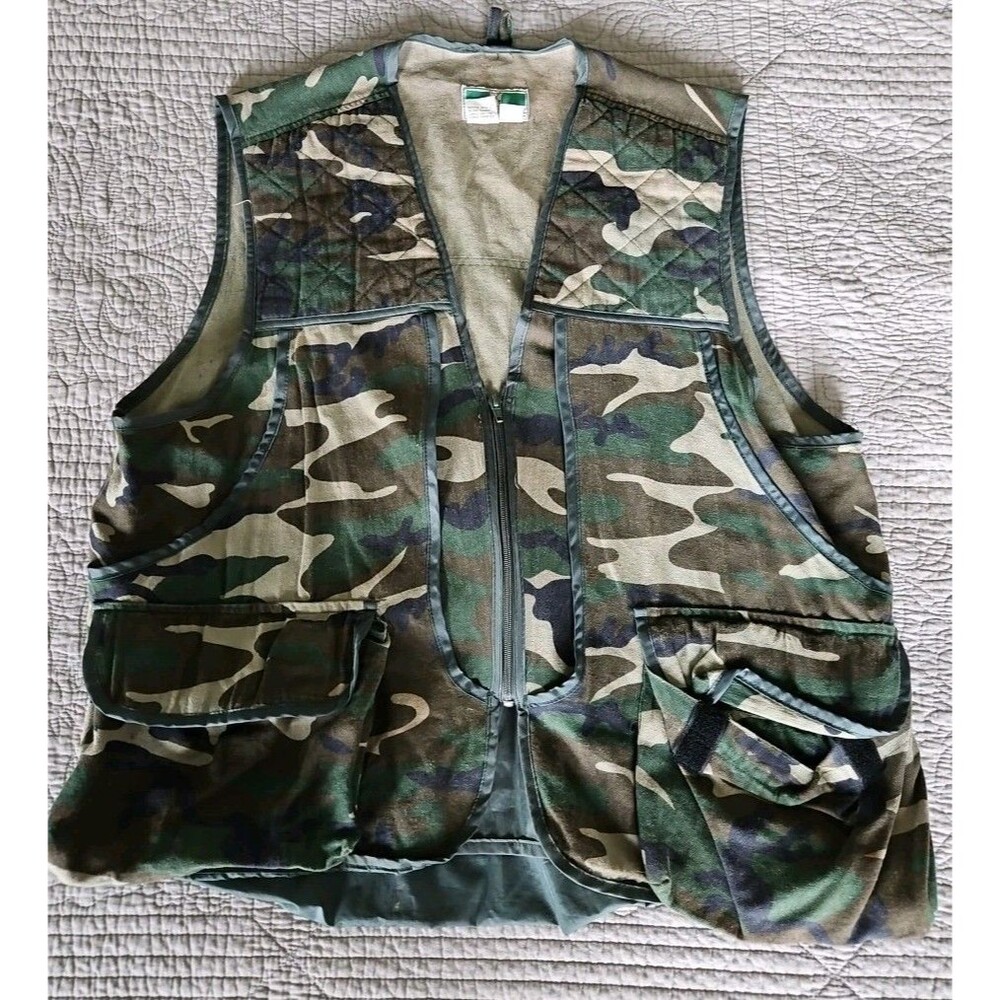 Vintage Game Winner Woodland Camo Vest Size XL Quilted Shoulder Ammo Slots